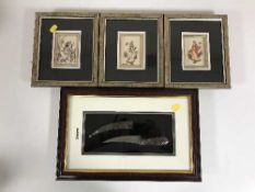 Three Iranian plaques, together with a jambiya in display case, all parts framed.