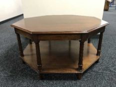 An octagonal mahogany two tier coffee table