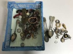 A quantity of costume jewellery, wristwatches, plated spoons,