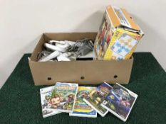 A box of Nintendo Wii console with accessories and games and a Wii Family Trainer