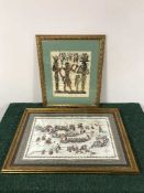 A gilt framed oriental silk work panel, hand painted panel of birds,