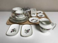 A tray of seven pieces of Wedgwood Hathaway rose china, Royal Worcester egg codlers,