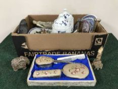 Two boxes of CDs, poker set, assorted china, storage jars, Lilly put lane,