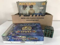 A box of vintage Meccano set, Trivial Pursuit board games,