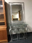 A metal based glass topped hall table together with a metal framed mirror and pair of metal glass