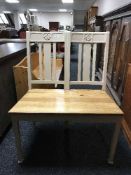 A painted oak hall bench with reclaimed pine seat