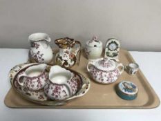 A tray of four pieces of Masons china, Maling lustre preserve pot, trinket dish,
