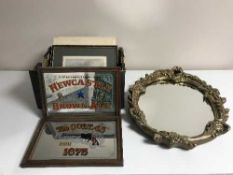 An Italian china planter on stand together with a box of four picture mirrors including Newcastle