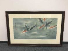 Chinese school : Koi carp, watercolour, 64 cm x 129 cm, signed, framed.