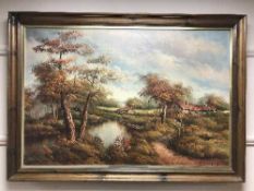 Clara Inness : Cottages by a stream, oil on canvas, signed, framed.