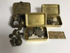 Two Princess Mary Christmas tins and another tin containing a quantity of military brass