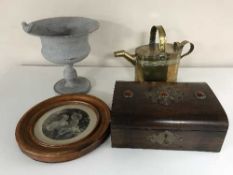 A box of metal planter, circular pine framed engraving, rosewood table box,