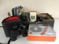 A box of cased Pathescope binoculars, Blaupunkt turn table and speakers, discman, books,