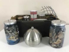 Two boxes of kitchen storage jars, bench top chopping boards, picnic set in back pack, cool bags,