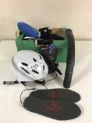 Two boxes of assorted motor bike accessories, parts, Giro time trailing helmet, pump,