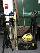 A Karcher pressure washer together with spirit levels, tool box,