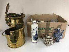 A box of needlework panels, china, Delft ware, antique pottery teapot,