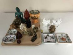 A tray of Crown Devon Fieldings Connishead Primary rose bowl, bhudda ornaments,