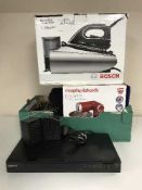 A box of Samsung DVD surround sound system, Morphy Richards stand mixer, headphones,