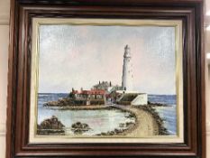 Dallas K Taylor : St. Mary's Lighthouse, oil on board, signed, framed.