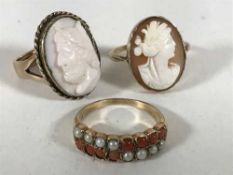 Three antique gold rings, two cameos and one other, 11.