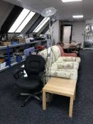 A contemporary Ikea lamp table together with a chrome uplighter and swivel office chair