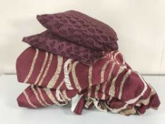 A pair of fully lined red curtains with gold threads, box of table linen, napkin boxes,