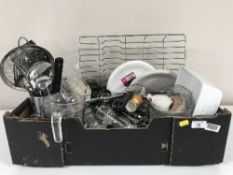 Four boxes of assorted glass ware, pans, utensils,