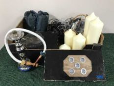 Two boxes of assorted CDs, DVDs, books, LED lighting, BT phone set,