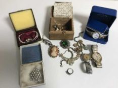 A box of 9ct gold dress ring together with a quantity of costume jewellery and wrist watches,