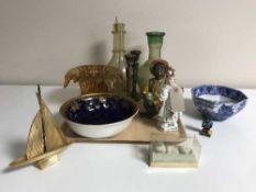 A tray of pair of plated candlesticks, amber glass flower bowl,