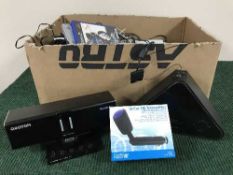 A box of HP printer, Sony Playstation II and games, Ipod docks,