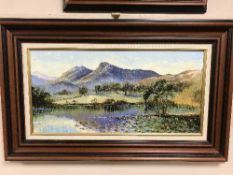Dallas K Taylor : Mountainous valley landscape, oil on board, signed, framed.