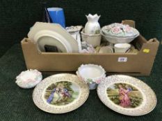 Two boxes of china including Ringtons ware, glass vases, blue and white meat plates,
