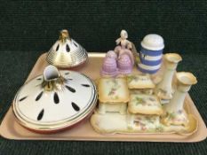 A tray of T G Green salt sifter, pair of Royal Winton flower holders,