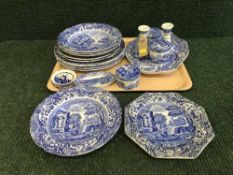 A tray of eighteen pieces of Spode blue and white Italian china together with two delft pin dishes
