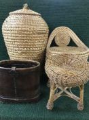 A wicker laundry basket,