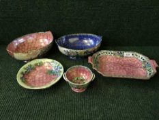 A tray of five pieces of Maling including Peony rose oval bowl, Springtime waved blue oval bowl,