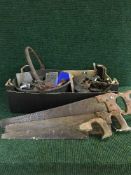 Two boxes and bucket containing large quantity of vintage hand tools, wood working planes,