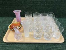 A tray of lead crystal drinking glasses, whisky tumblers, Caithness vase,