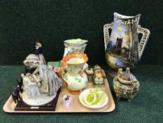 A tray of glass clown, Maling jug, art deco jug, Vaseline glass,