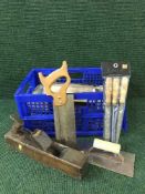 Two boxes of wood working planes, chisels, oil can,