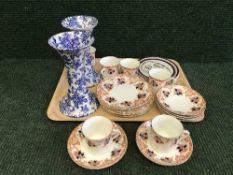 A tray of eighteen piece Victorian tea service, pair of Royal Cauldon blue and white vases,