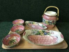 A tray of six pieces of Maling pottery - Springtime waved pink