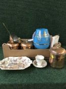 A box of brass and copper ware, ornaments, kitchen storage jars, cased cutlery,