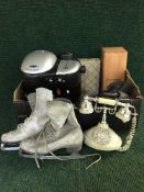 Two boxes of Kitchen utensils, knife set, coffee maker, storage jars,