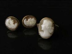 A 9ct gold cameo ring and a pair of matching earrings