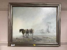 Alwyn Crawshaw : Three shire horses in a field, oil on canvas, signed, framed.