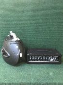 A pair of NJD sound system speakers together with a T-mix Pm 400 four channel power mixer and DJ