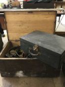 Two antique pine boxes together with small quantity of hand tools,